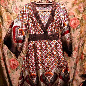 Size S Satiny Brown Cream Pink XX3 Long Bohemian Kimono Top Dress Polyester